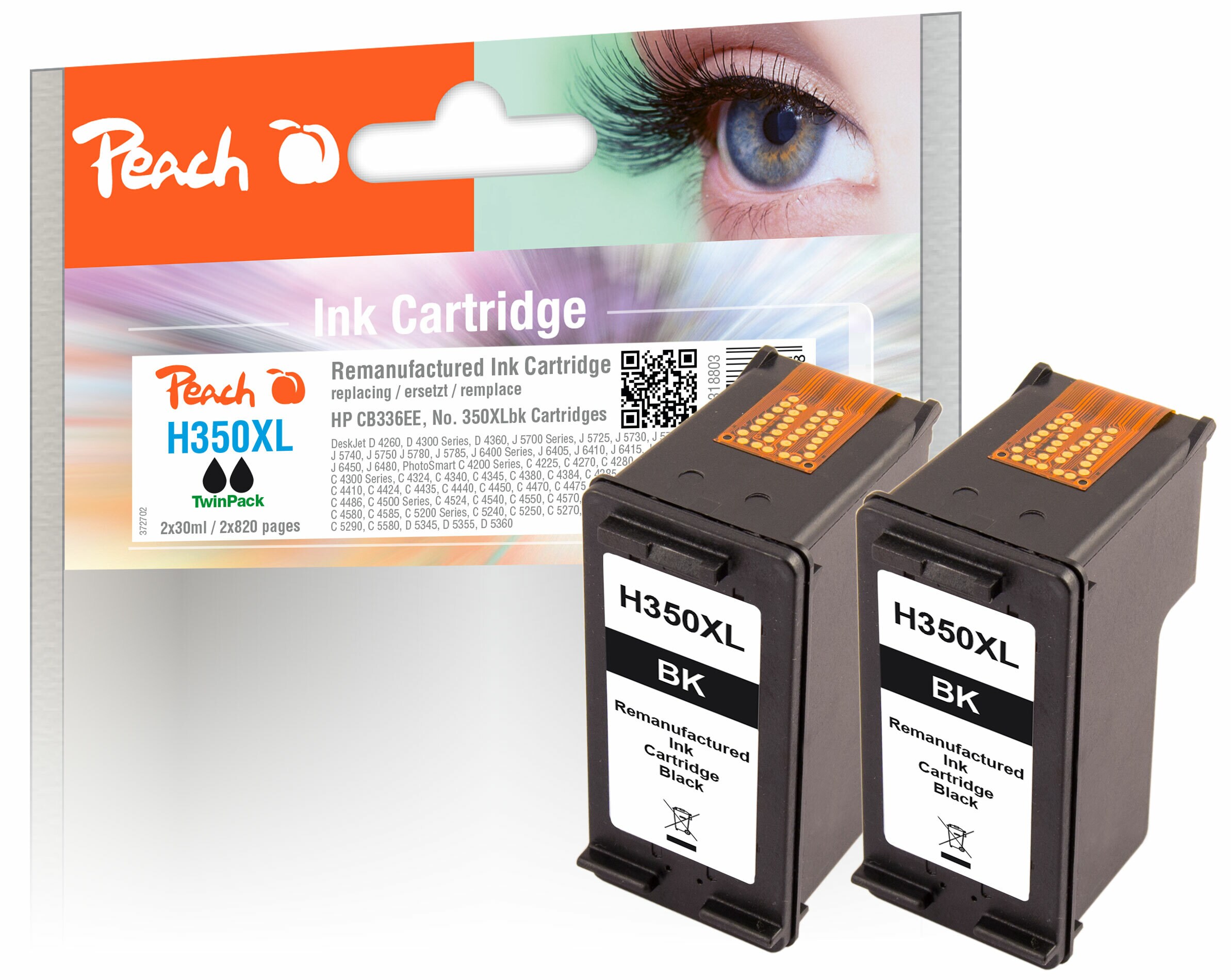 Peach HP 350 XL 2 Druckköpfe XL 2*bk ersetzt HP No. 350XL*2, CB336EE*2 für z.B. HP DeskJet D 4200, HP DeskJet D 4260, HP DeskJet D 4300 (wiederaufbereitet)