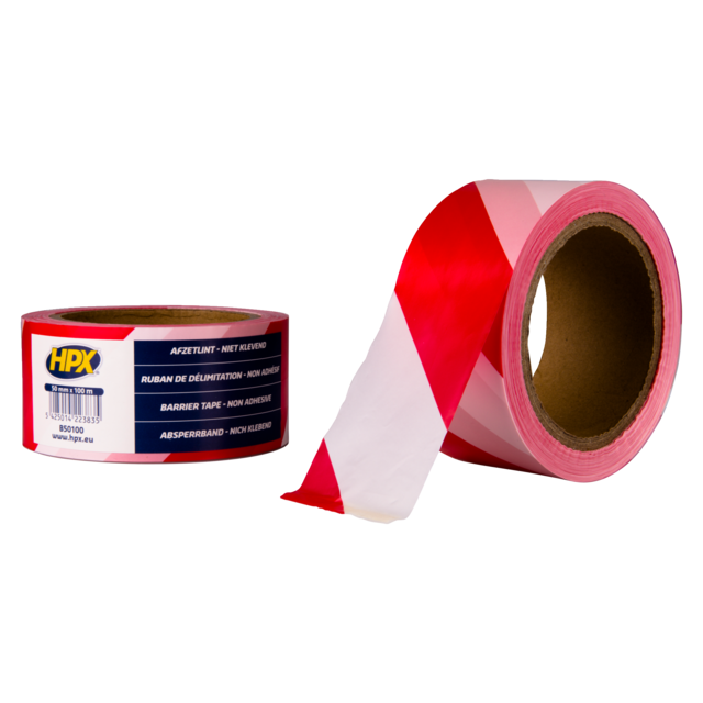 HPX Afzetlint, LDPE, 50mm, 100m, wit/rood