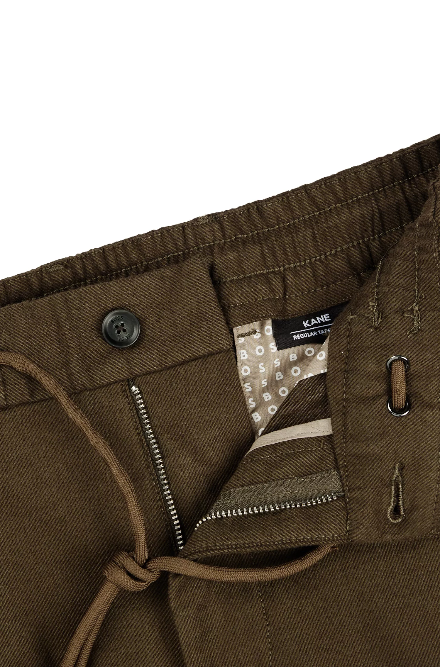 Calça BOSS preta, corte slim, em sarja de algodão misto.