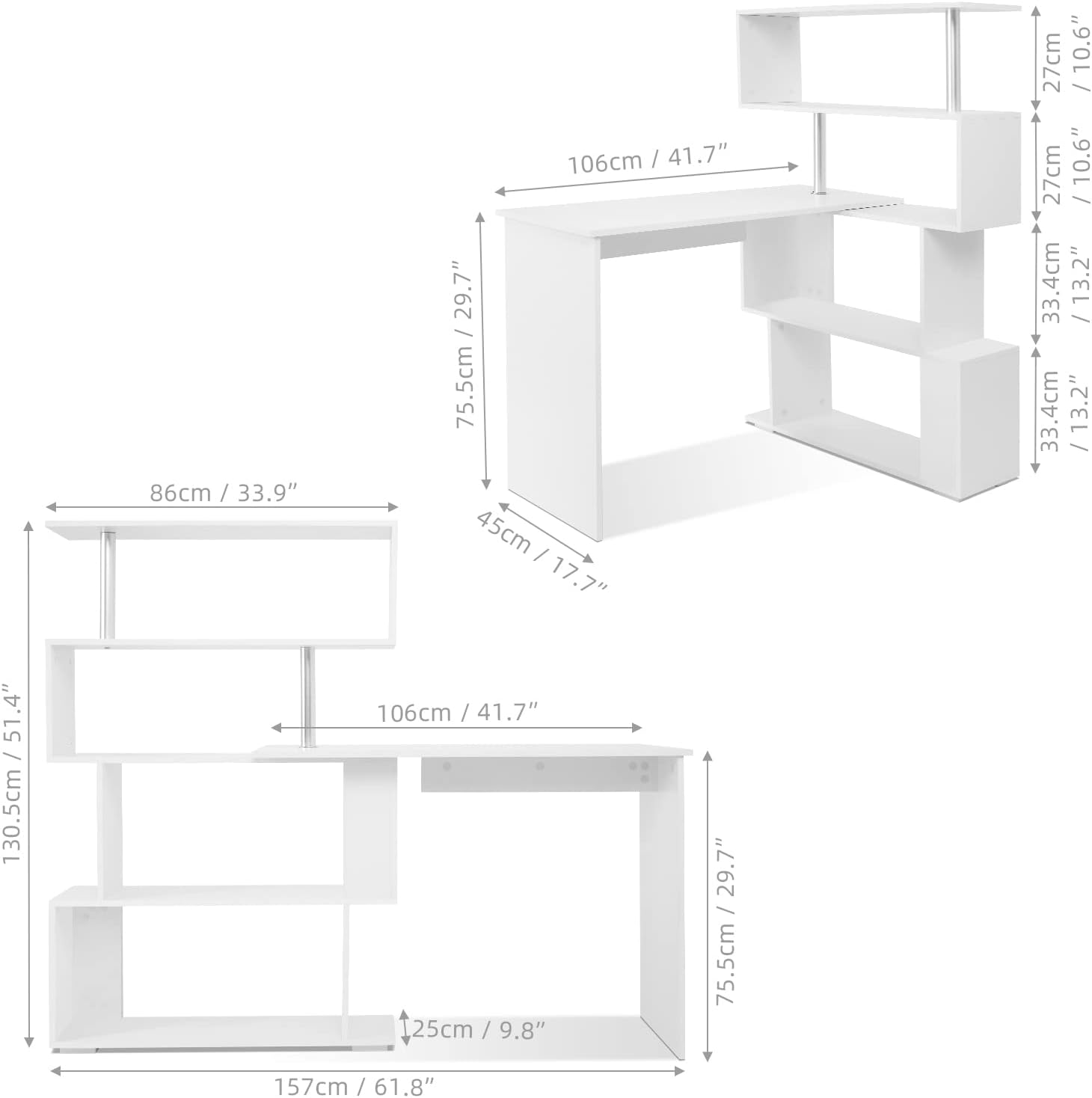 Mondeer Computertisch L-Förmig, Eckschreibtisch, mit 360 Grad Drehbarem Bücherregal für Arbeitszimmer Wohnzimmer Büro 157 x 45 x 130,5 cm, Weiß