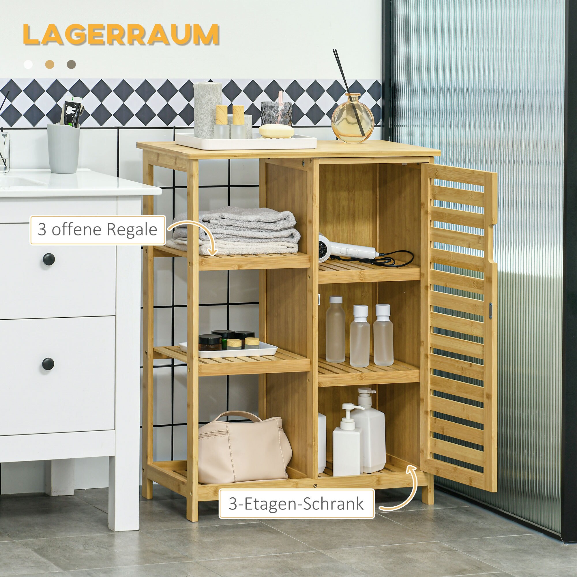 kleankin Badezimmerschrank mit offenem Regal und Kippschutz natur 66L x 33B x 87H cm