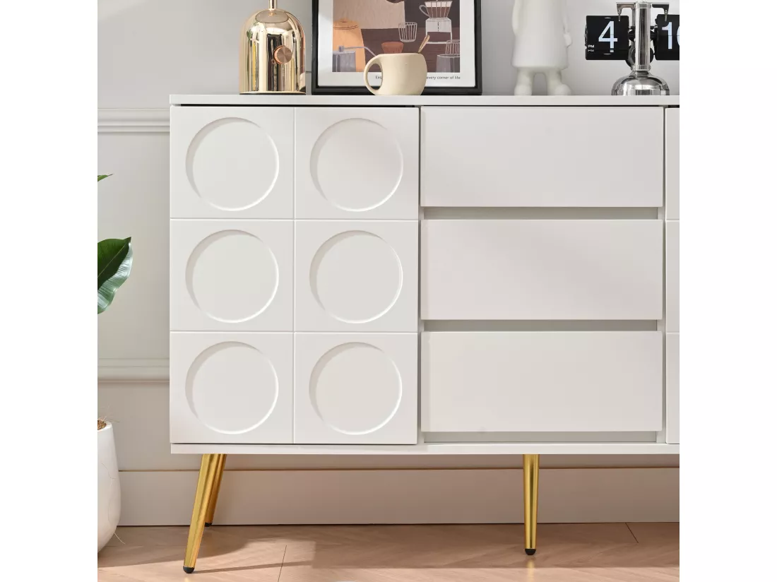Buffet bas avec 3 tiroirs et 2 portes - 120 x 40 x 78 cm - Etagères réglables - Panneaux de particules - pour salon - Blanc