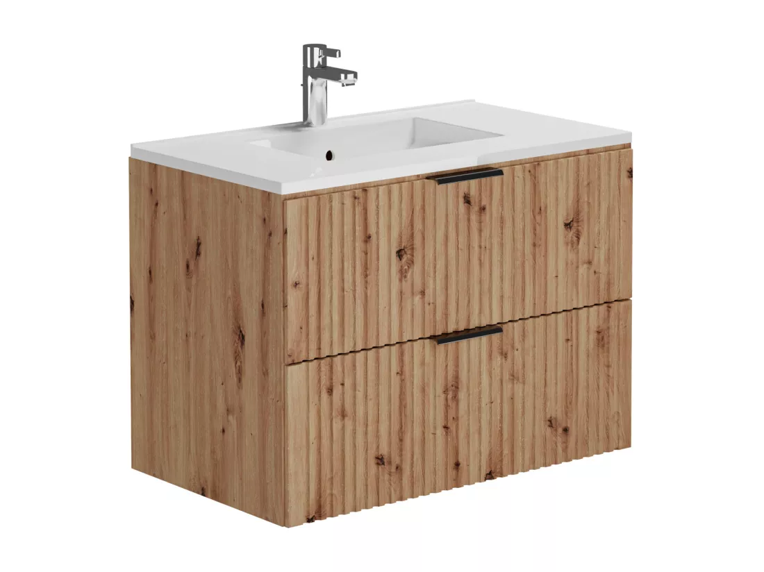 Meuble de salle de bain suspendu strié avec vasque à encastrer et colonne - Coloris naturel clair - 80 cm - ZEVARA
