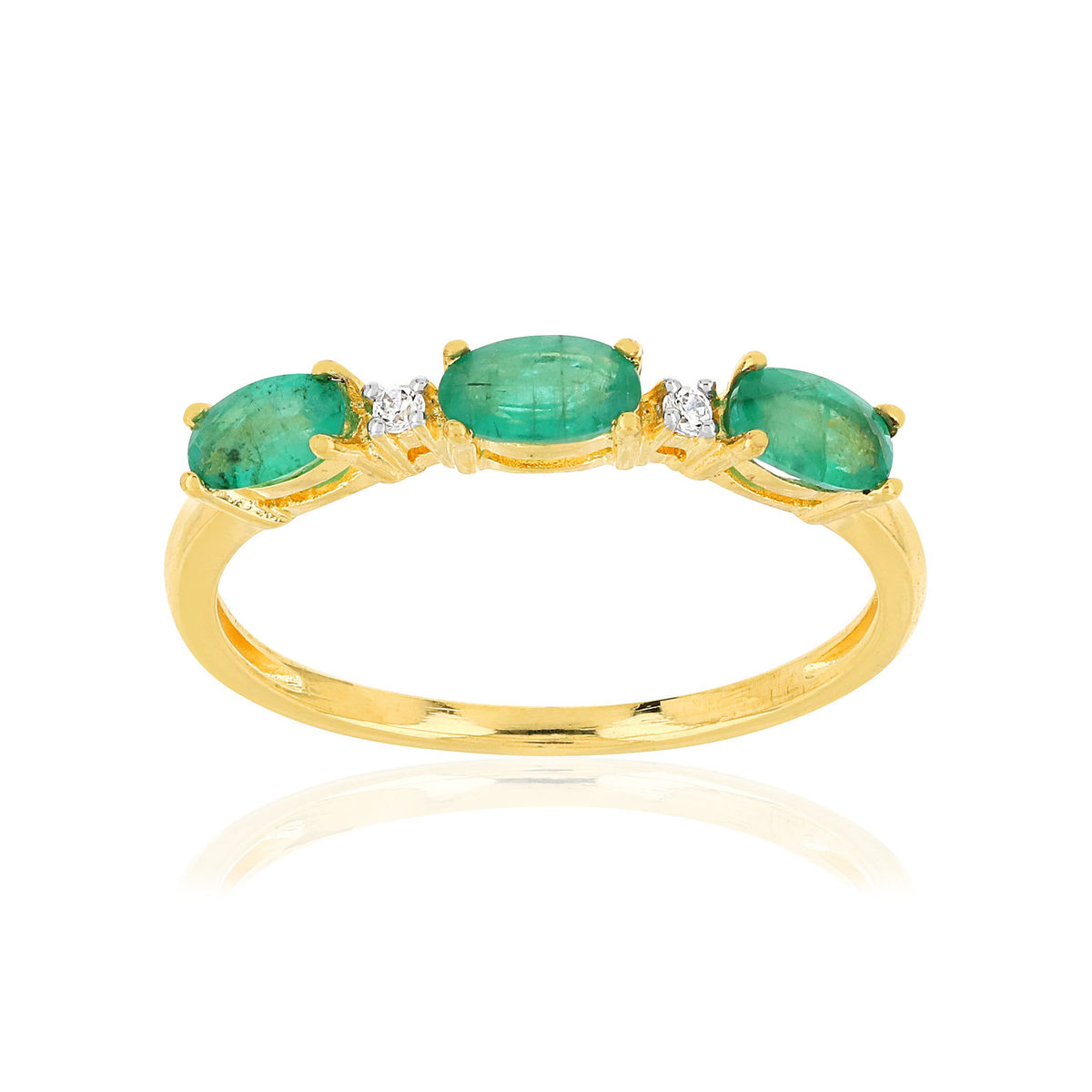 Bague or 375 jaune émeraudes ovales et diamants
