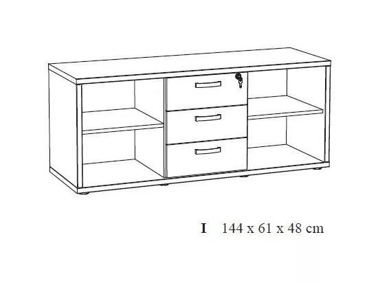 Buffet bas de rangement pour bureau 4 niches et 3 tiroirs coloris chêne clair et noir