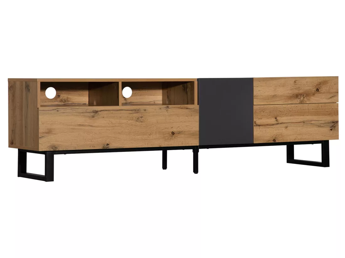 Meuble TV 180cm - 2 tiroirs & 5 compartiments - style industriel - Naturel