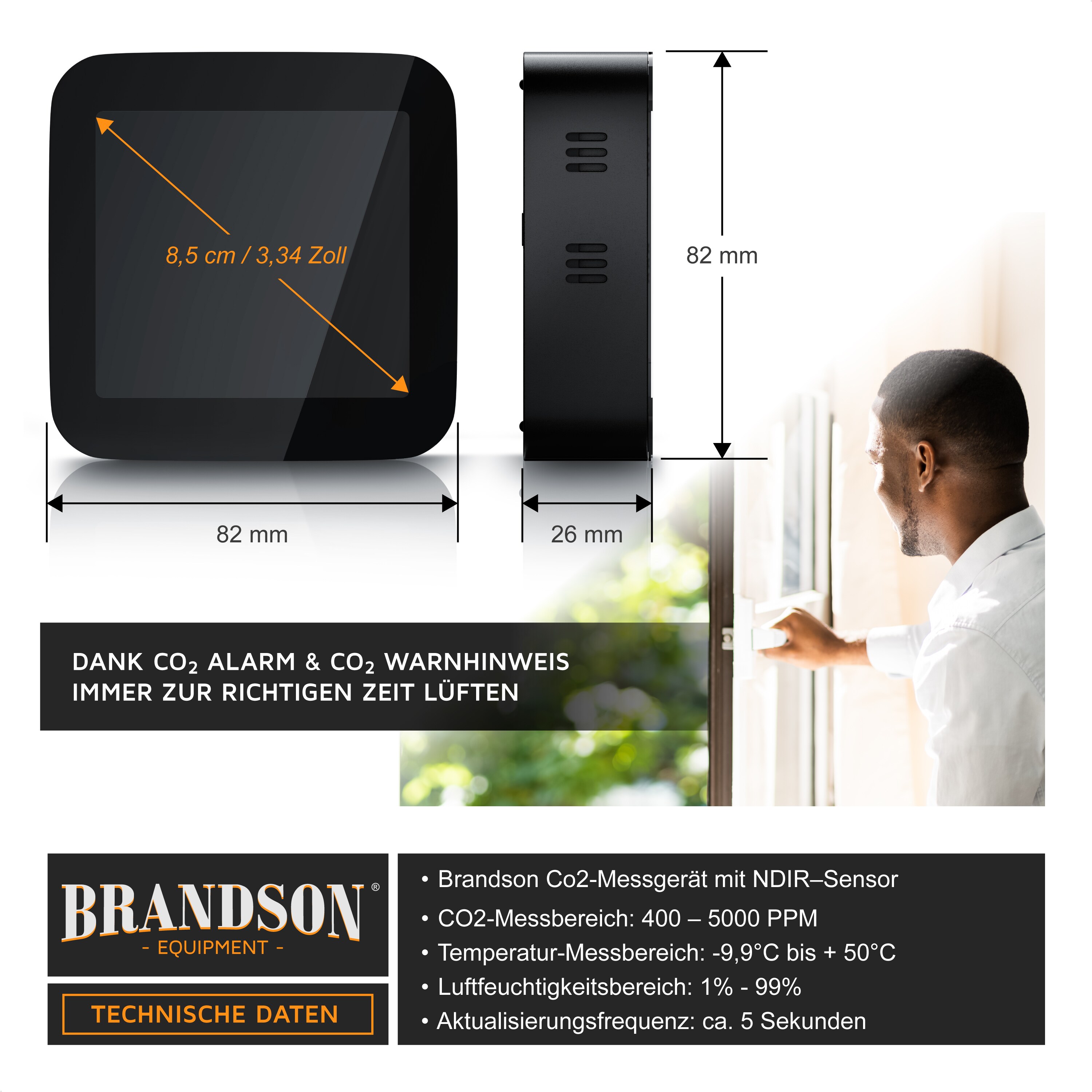 Brandson - CO2 Melder Messgerät Luftqualitätsprüfer, Kohlenstoffdioxid Sensor Messung PPM, Co2 Anzeige, Raumluft Lüftungsampfehlung Alarm, Wecker