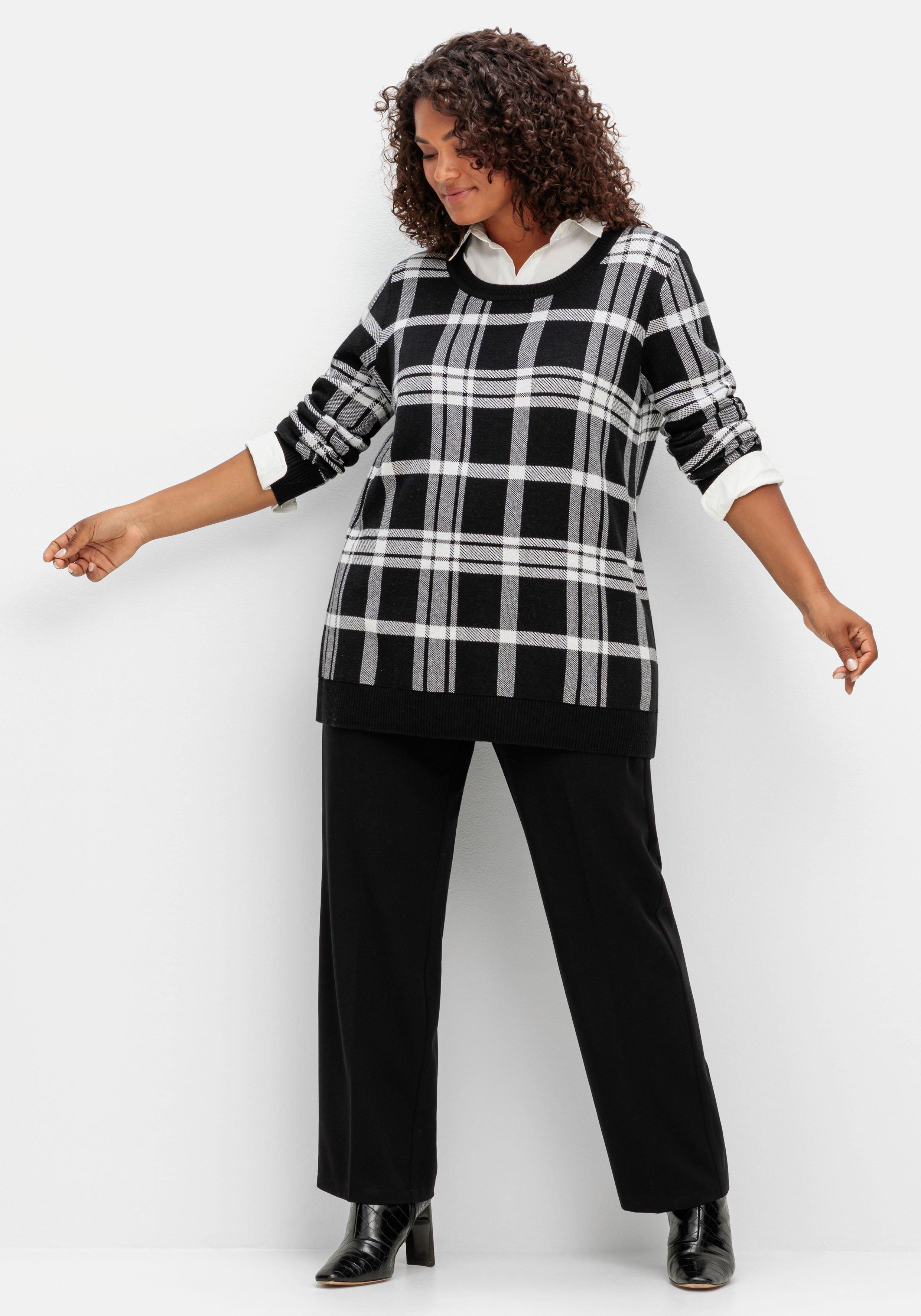 Karierter Pullover mit Rundhals und Kontrastbündchen