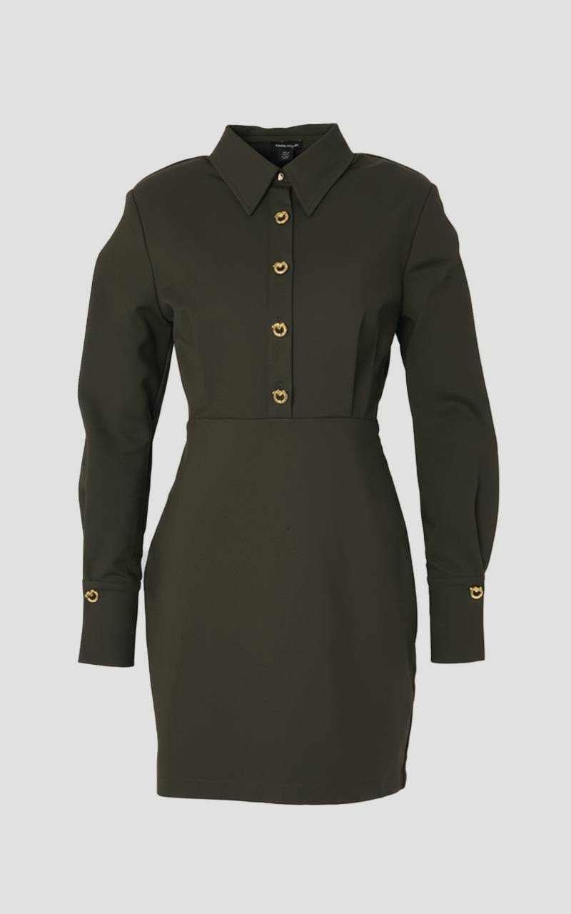 KarenMillen Robe Mini Tissée à Col en Coton Techno avec Détails de Quincaillerie Dorée