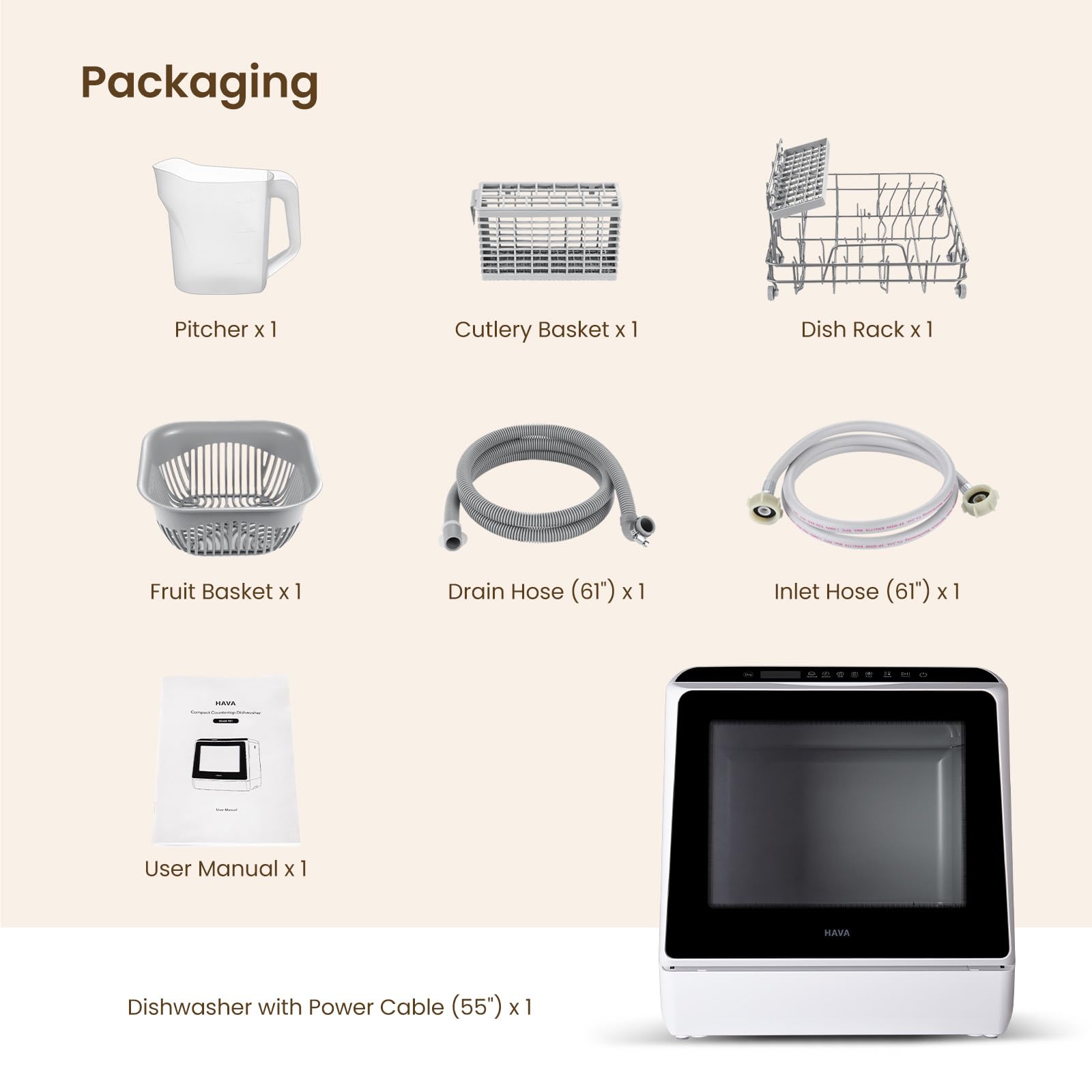 HAVA mini lave vaisselle, 6 programmes portables avec réservoir d'eau intégré de 5 L, aucun branchement nécessaire, fonction de soin de bébé et de séc