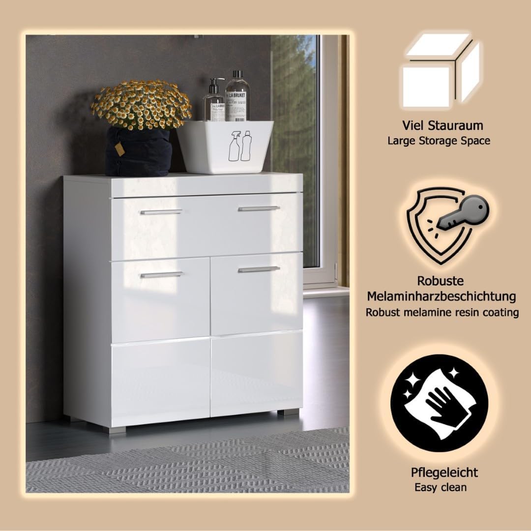 trendteam smart living - Amanda - Kommode - Weiß Hochglanz - Sideboard - (BxHxT) 73 x 79 x 31 cm - 2 Türen mit moderner Fräsung und 1 Schublade - Türanschlag links oder rechts - kratzfest
