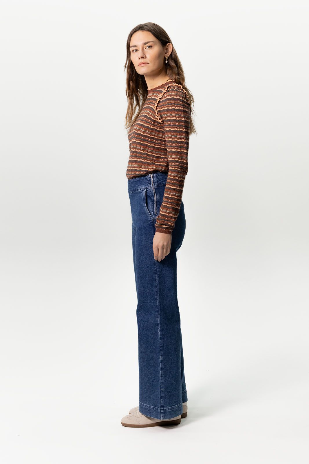 Donkerblauwe wide leg denim broek met rits