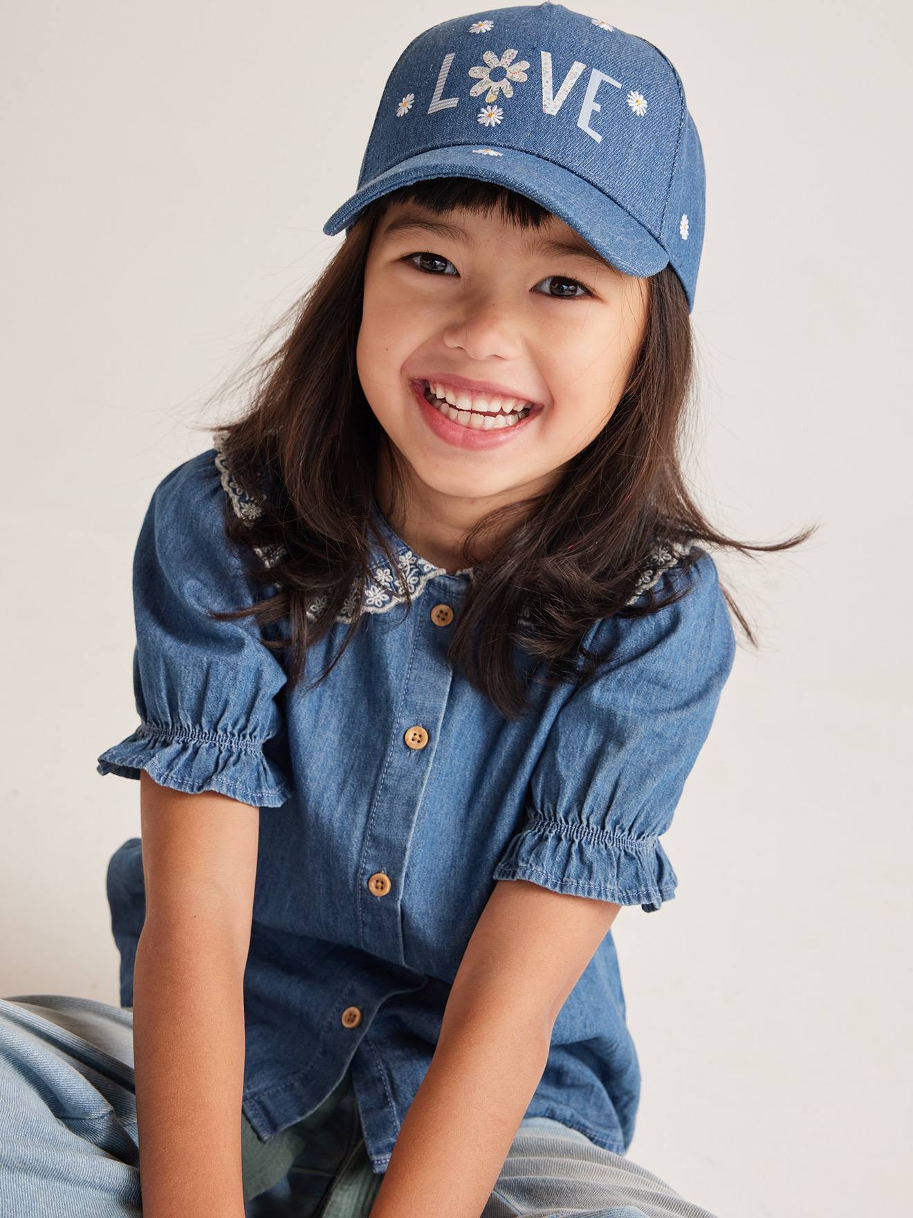 Camisa jeans de manga curta com gola Peter Pan para meninas (cor pedra)