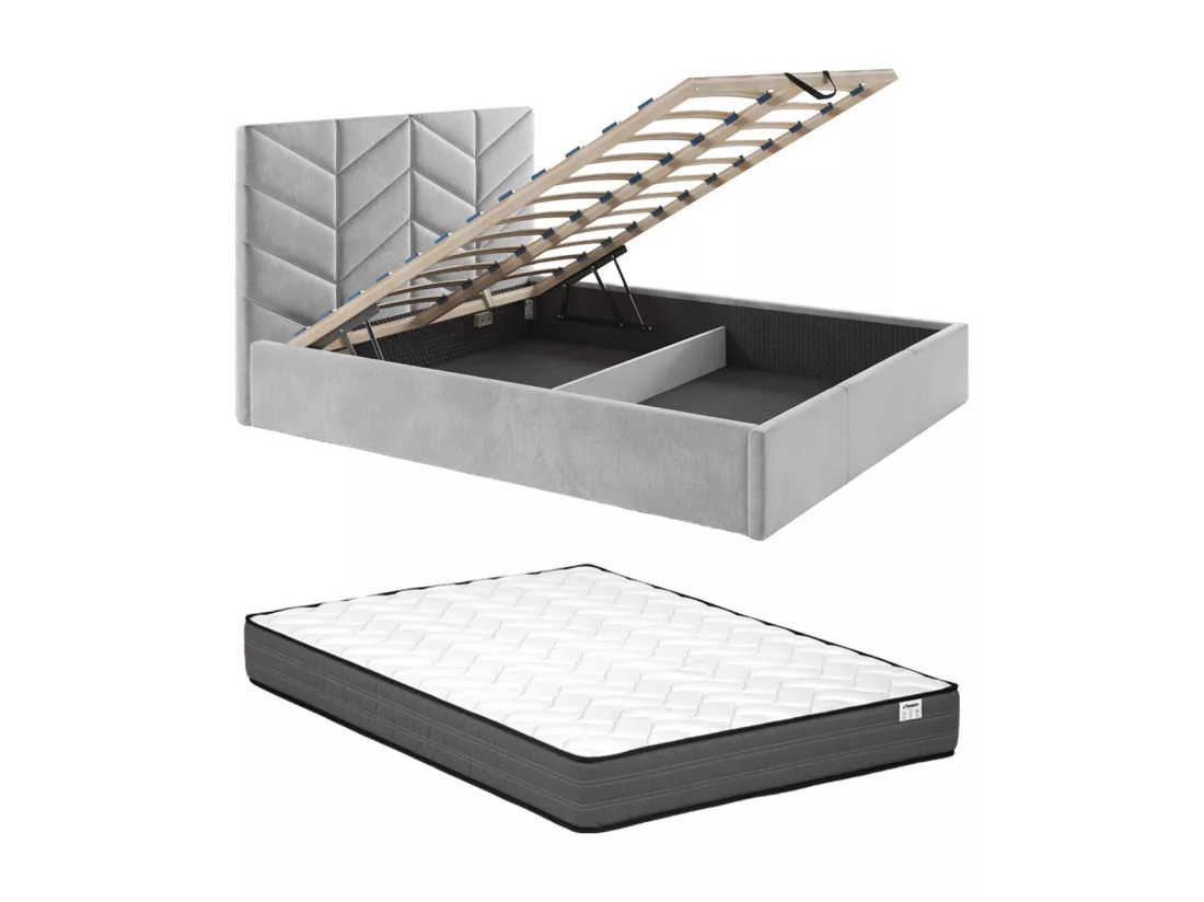 Lit coffre 140 x 190 cm - Tissu texturé - Gris + Matelas - JUSTANI