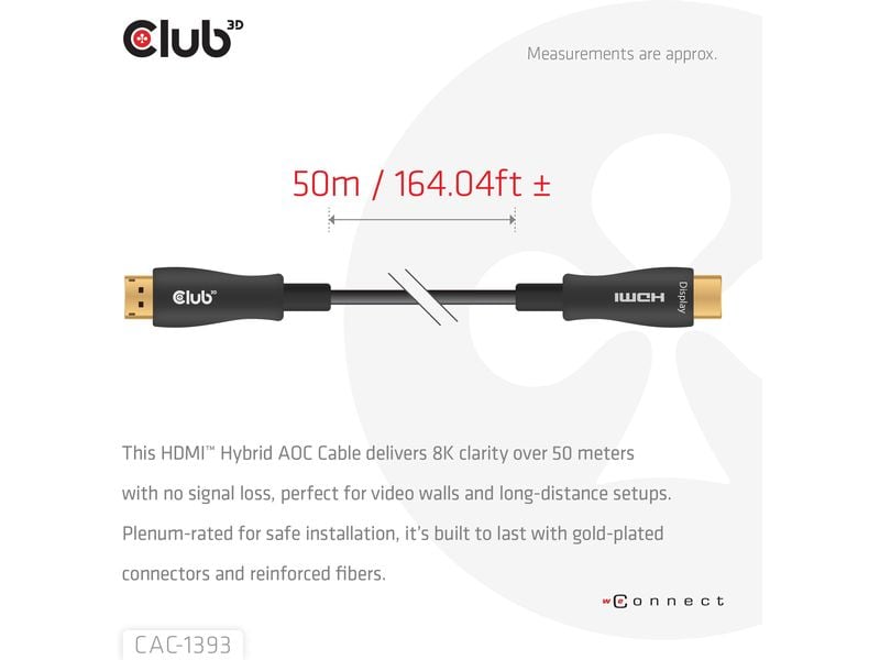Club 3D Optisches Kabel CAC-1393 HDMI - HDMI, 50 m Aktive optische Hybrid-HDMI-Hochgeschwindigkeitskabel