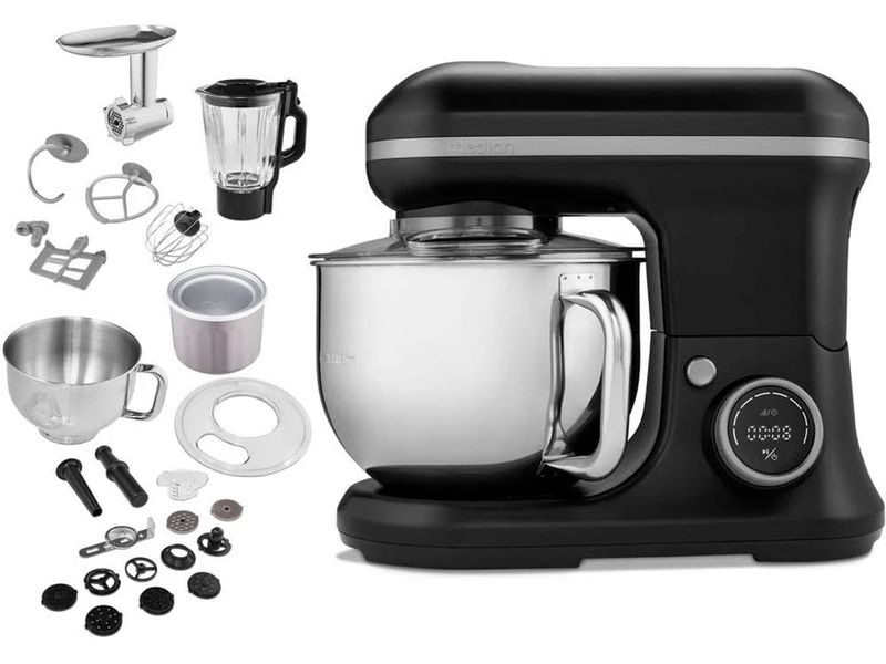 Medion Küchenmaschine 3in1, Schwarz Leistungsstarke Küchenmaschine mit 8 Geschwindigkeitsstufen und umfangreichem Zubehör