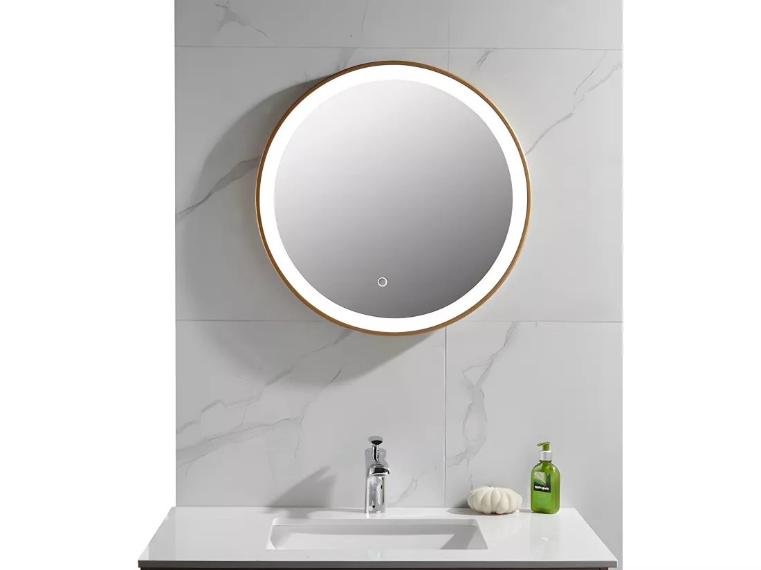 Miroir de salle de bain lumineux rond doré avec Leds - D. 60 cm - NUMEA