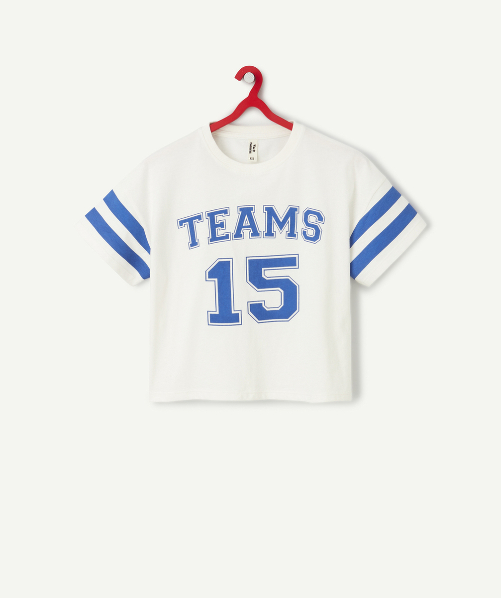 T-SHIRT MANCHES COURTES FILLE EN COTON BIO THÈME CAMPUS BLEU ET BLANC