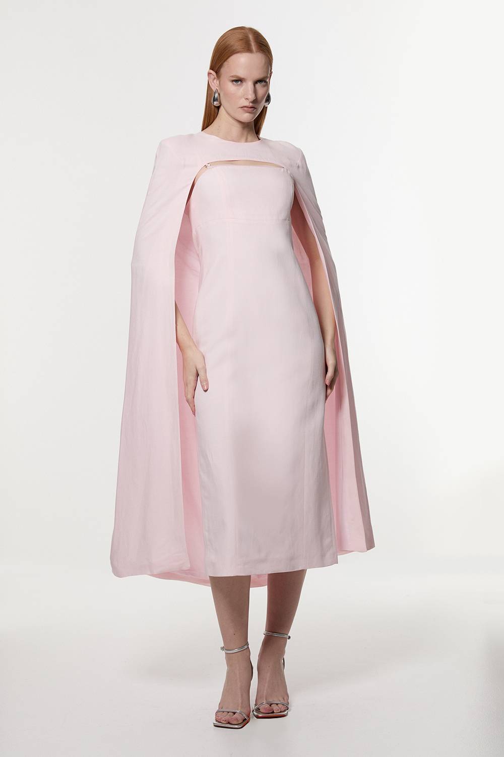 KarenMillen Robe midi en lin haut de gamme sur-mesure à cape dramatique