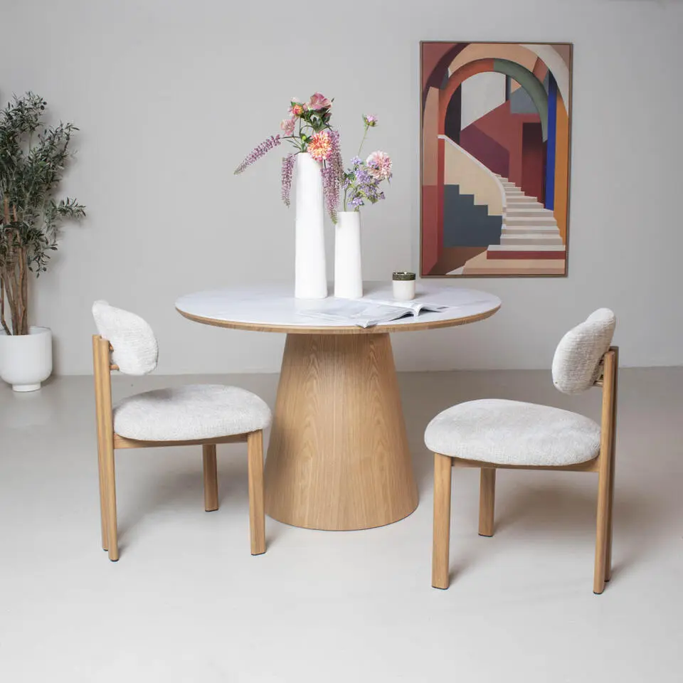 Eettafel Wit Keramiek/Naturel - Ø115x77cm - Alba