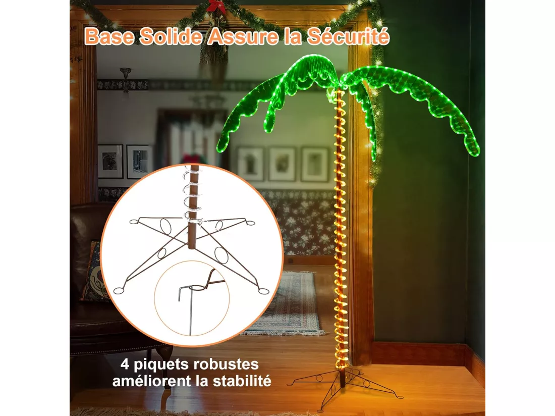 Palmier Artificiel LED Hauteur 136 cm, Lampe Motif de Cocotier d'Intérieur et d'Extérieur, avec Base Pliante, 60Hz/8W