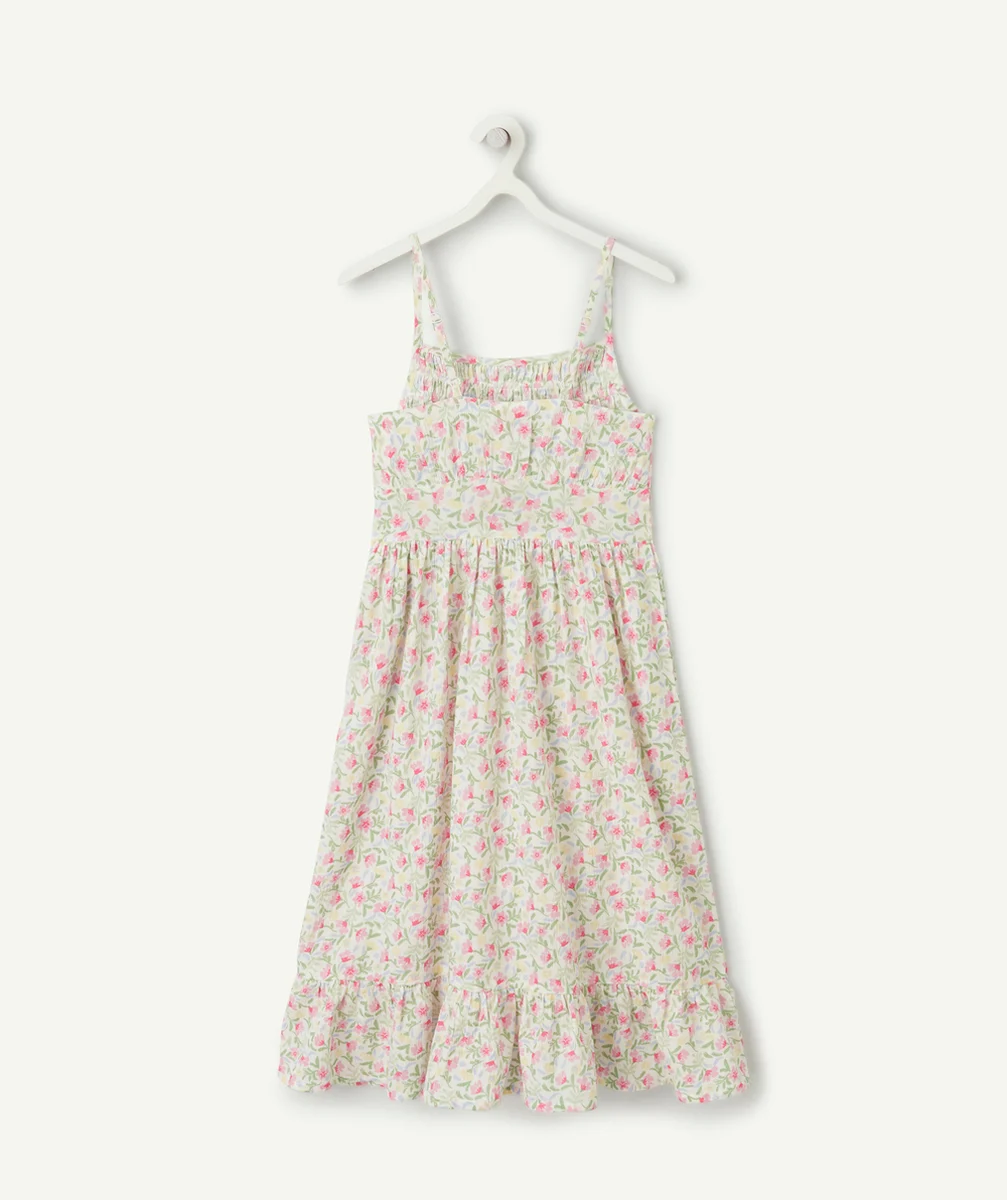 robe longue à bretelles fille en coton imprimé fleuri rose vert et bleu