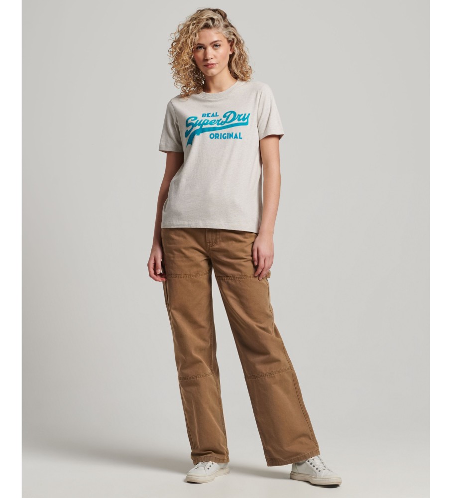 Camiseta Superdry de algodão orgânico com logo vintage em estilo script, marrom acinzentado