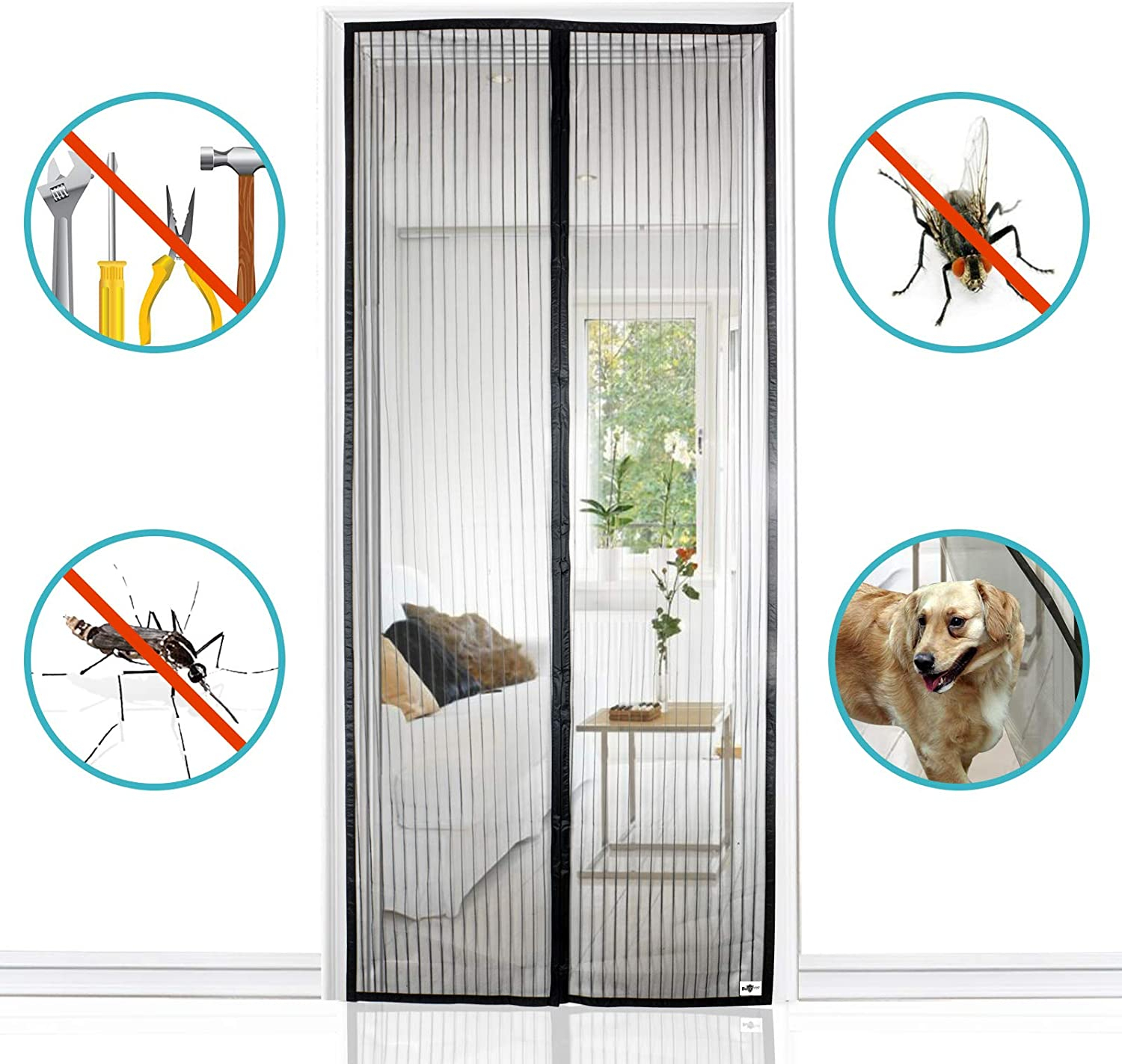 (90x220cm) Magnetischer Tür Insektenschutz Fliegenvorhang Moskitonetz Automatisches Schliessen - Schwarz