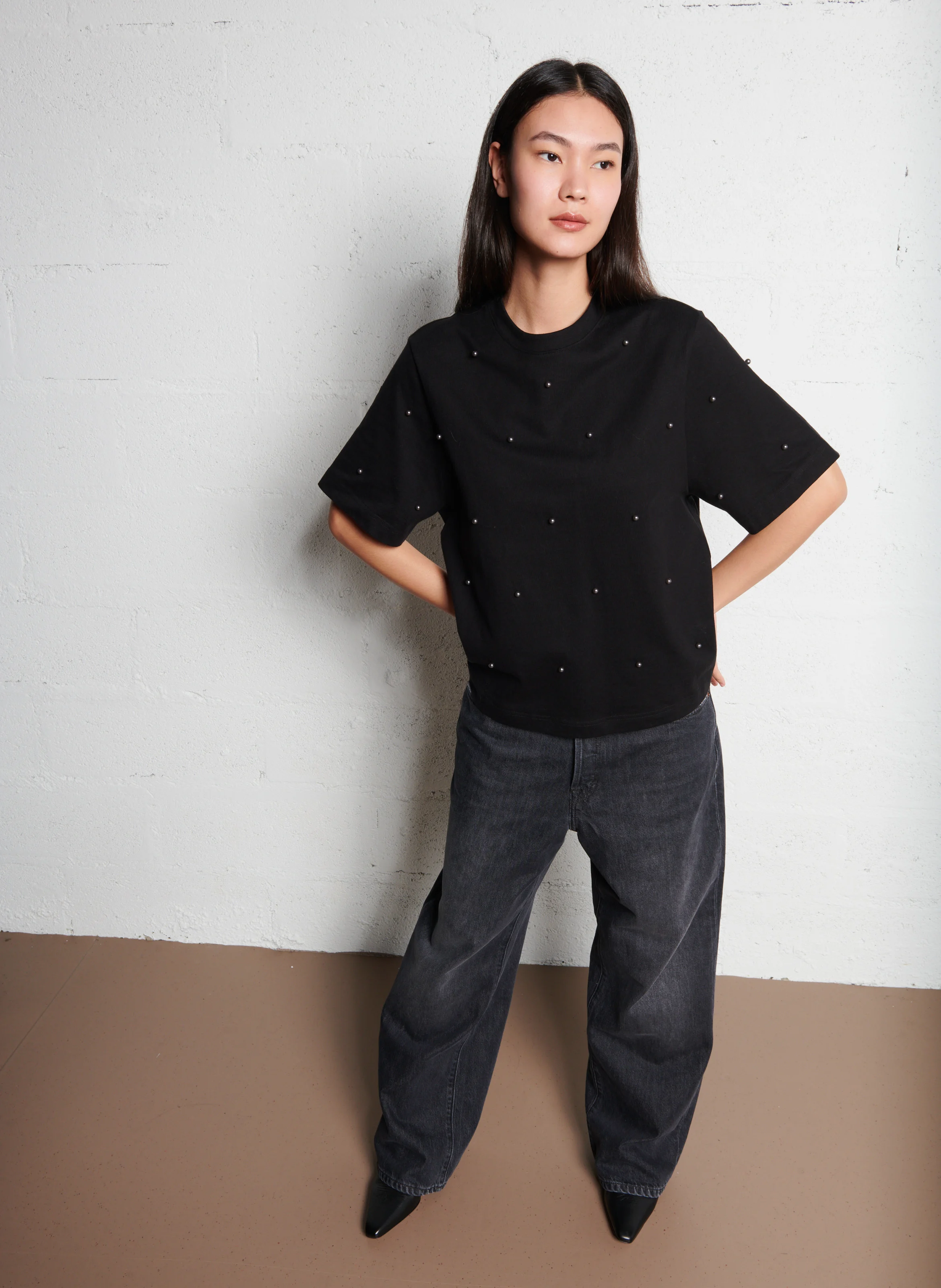 ENZO - Tee-shirt droit à perles en coton | Noir