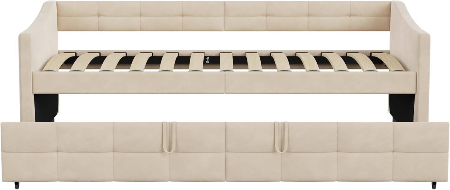 Ausziehbares Schlafsofa aus Samt mit Seitentaschen, modernes 2-Sitzer-Sofa, Space Saving (Crema, 90/180 x 200 cm)