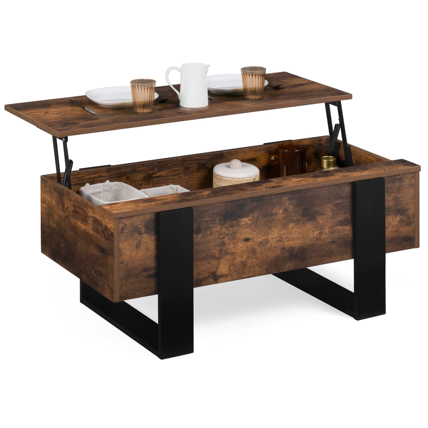 Table basse plateau relevable rectangulaire PHOENIX bois effet vieilli et noir