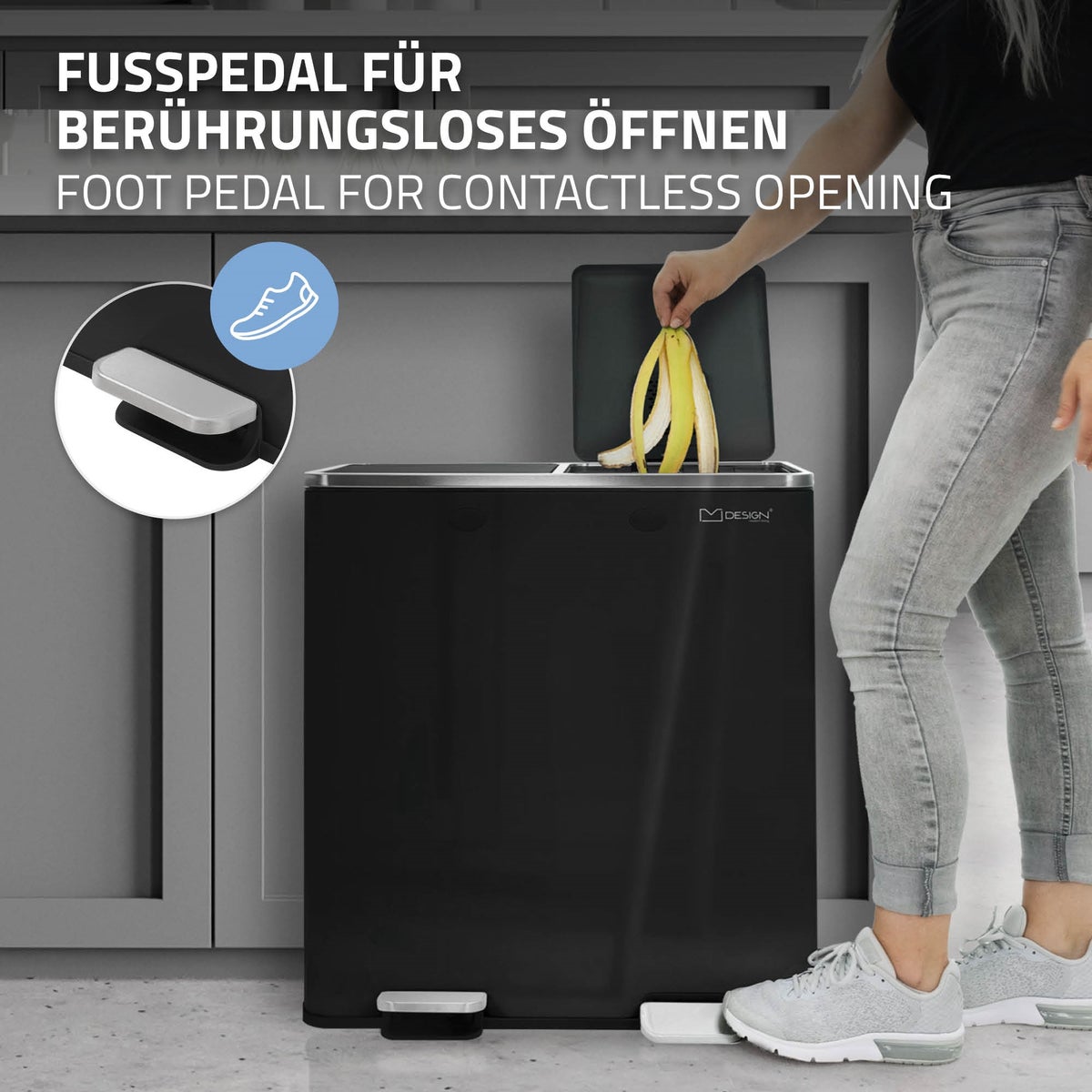 ML-Design Keuken Prullenbak 2x 30L (60L), Glanzend Zwart, Afvalscheidingssysteem met 2 compartimenten, Pedaalemmer voor afvalscheiding, Stalen bak, Uitneembare kunststof binnenemmer, Scharnierend deksel, Soft Close