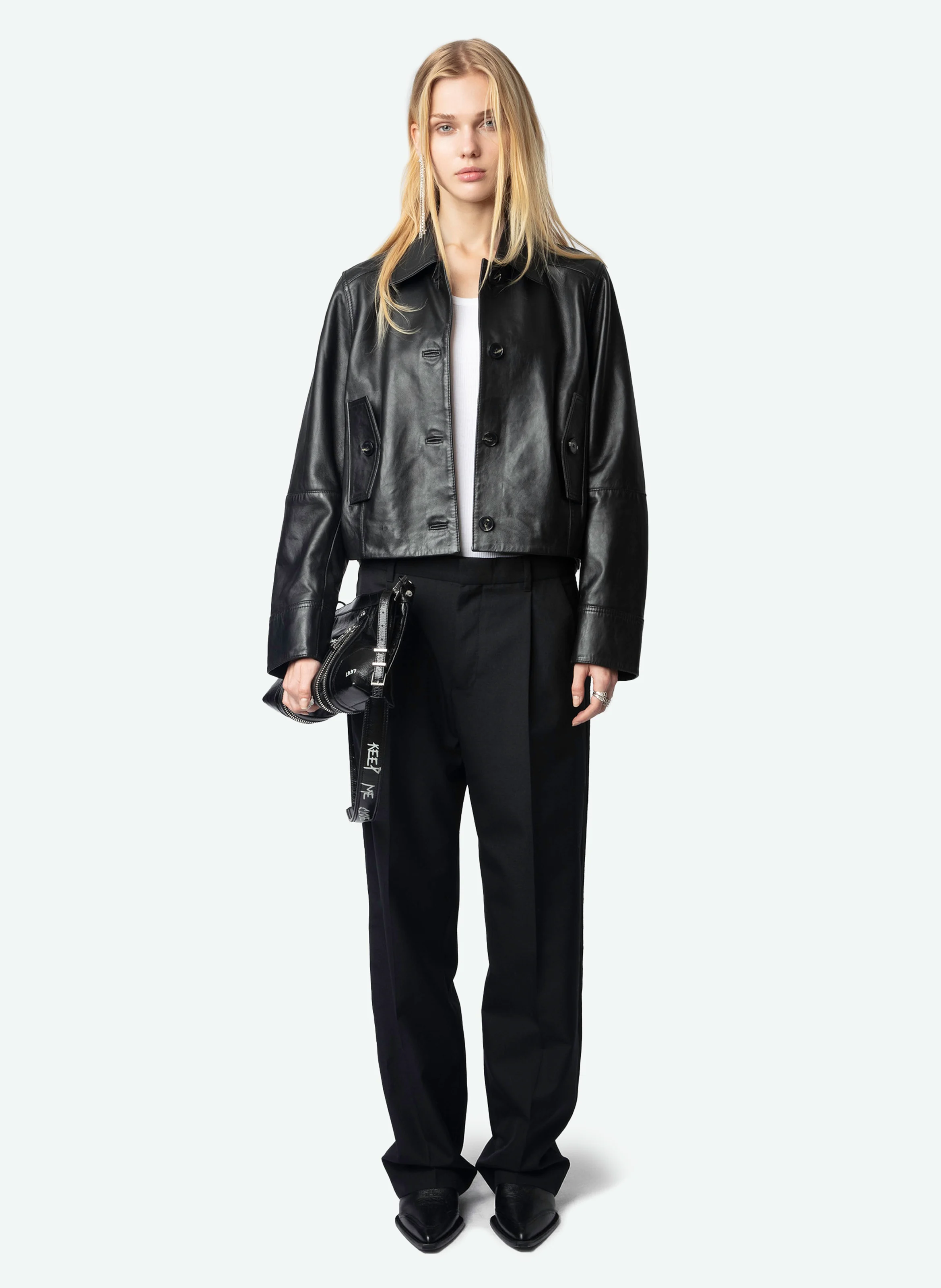 LISTON - Blouson court boutonné en cuir lisse | Noir