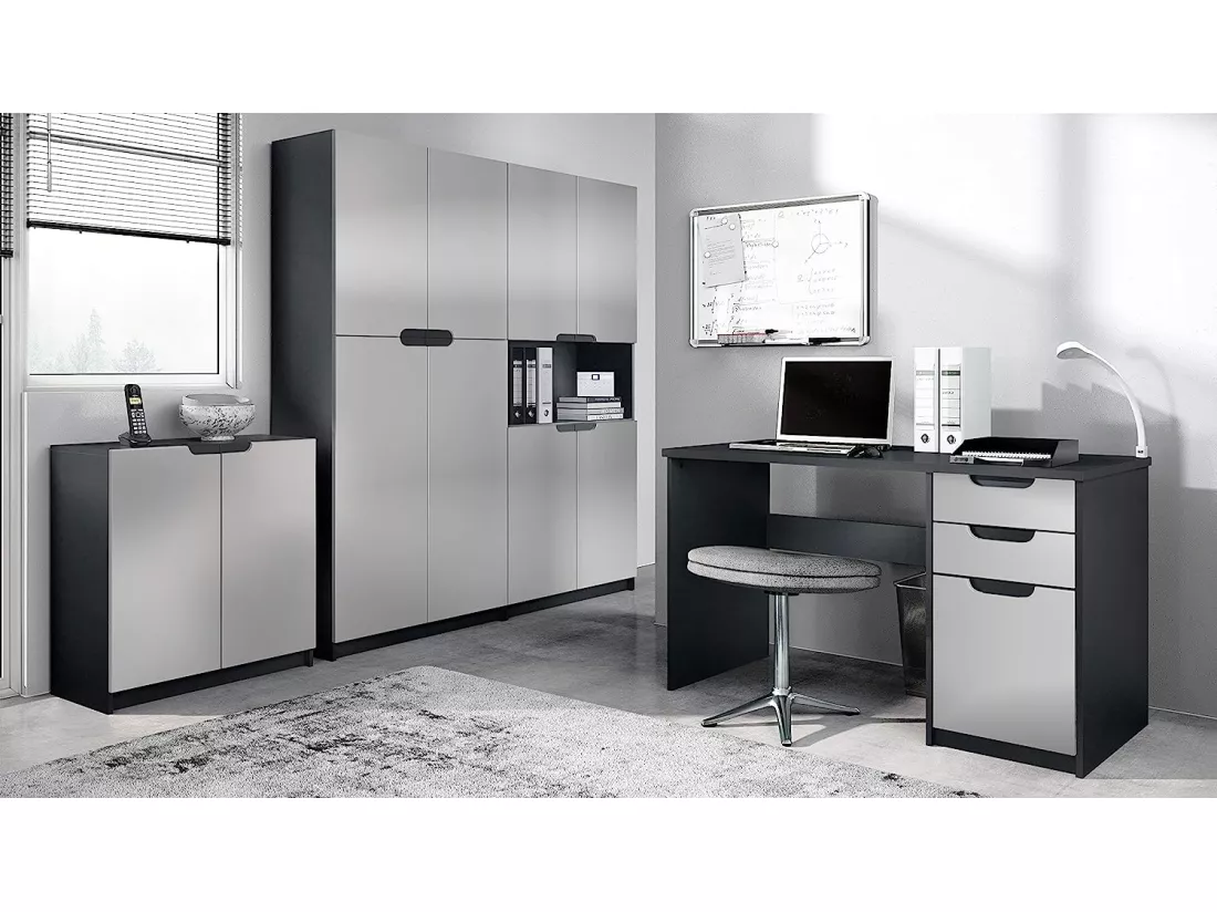 Ensemble de Meubles de Bureau Corps en Noir Mat/Façades en Gris Clair satiné Mat