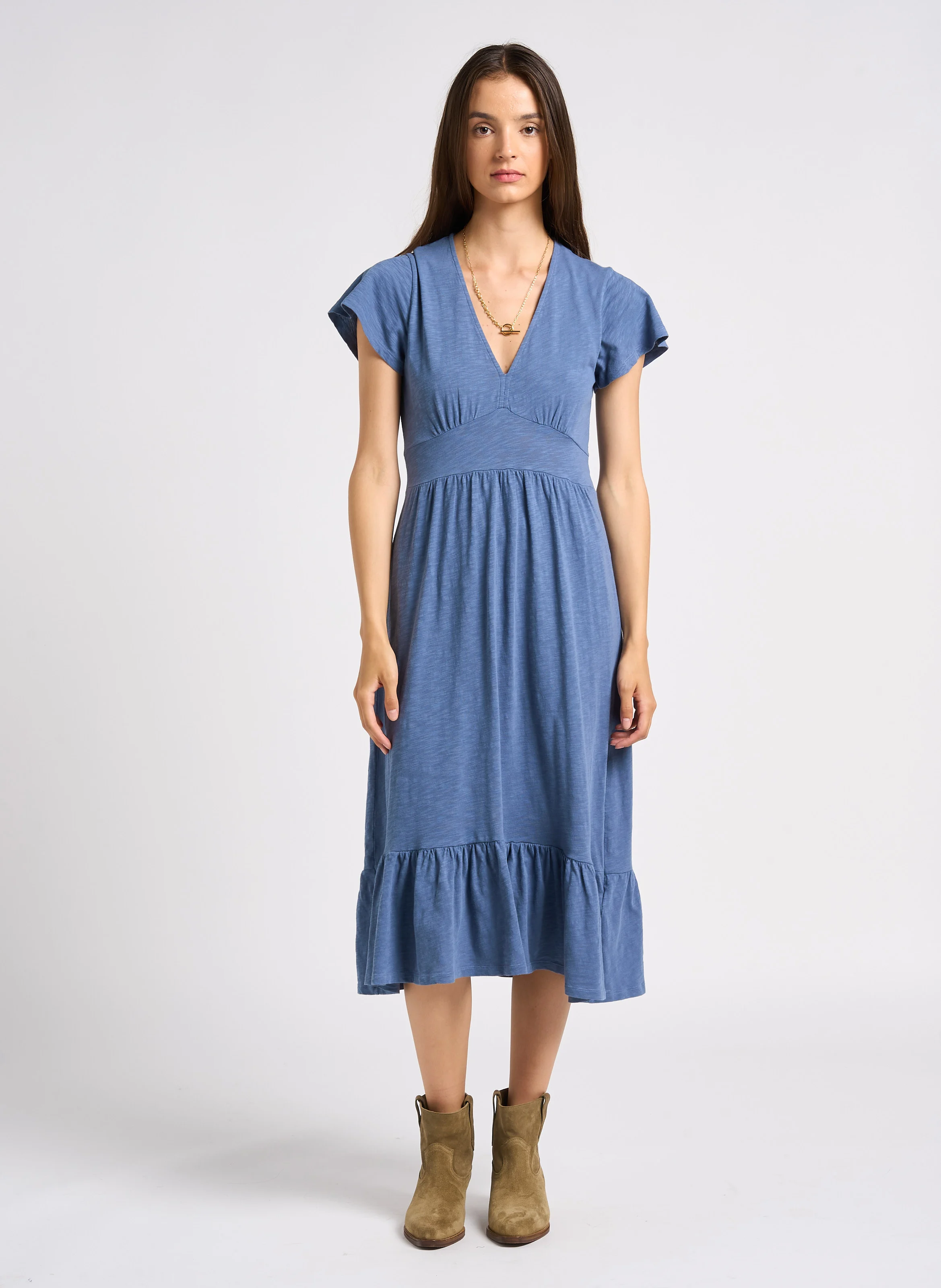 VALMA - Robe midi col V en coton| Bleu