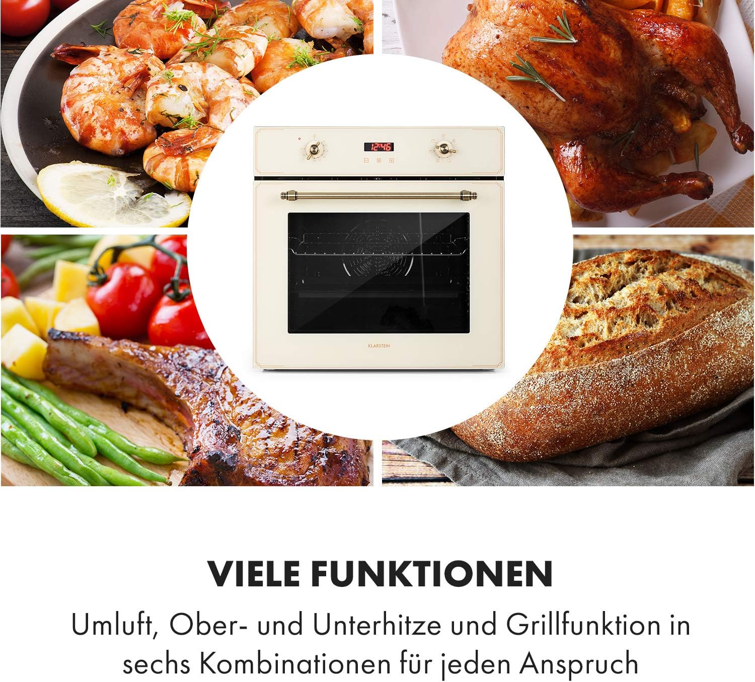 Klarstein Elizabeth - Elektrischer Einbaubackofen, Retro-Design, 70L, EEK A, Autark, Umluft/Ober- / Unterhitze/Grill, 2200 Watt, 50-250 °C, Drehregler und Türgriff in Messingoptik, creme