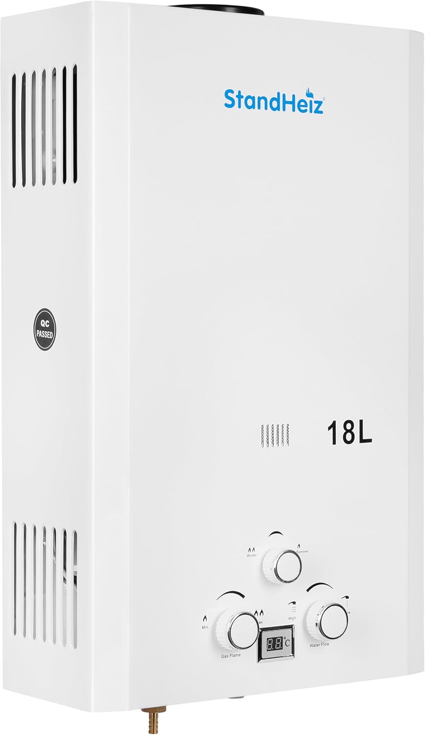 Durchlauferhitzer 18L 36 kW – LPG/Propan Warmwasserbereiter mit LCD Display, Sofort-Heißwasser für Außendusche, Garten, Haus, Camping, Wohnmobil & Wohnwagen, stufenlose Temperaturregelung