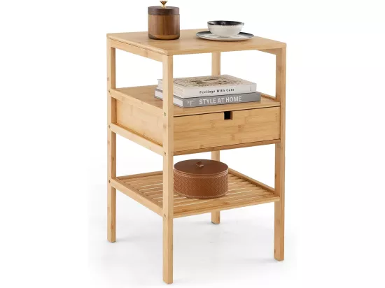 Table de Chevet en Bambou, Table de Nuit avec Tiroir et 3 Étagères, Chevet de Lit pour Chambre Adulte, Table d'Appoint Naturel, Bout de Canapé pour Salon, Masion, 40 x 40 x 68 cm