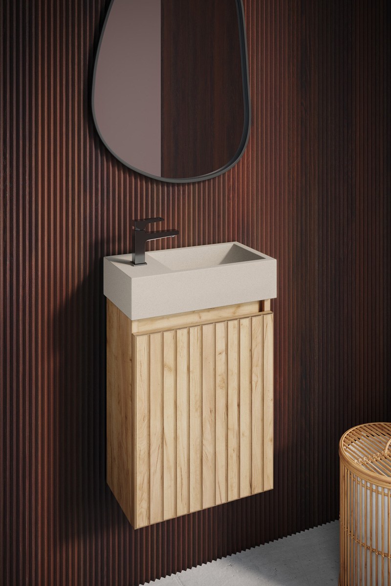 Fontana Crest toiletmeubel ribbelfront warm eiken 40x22cm met beige fontein links