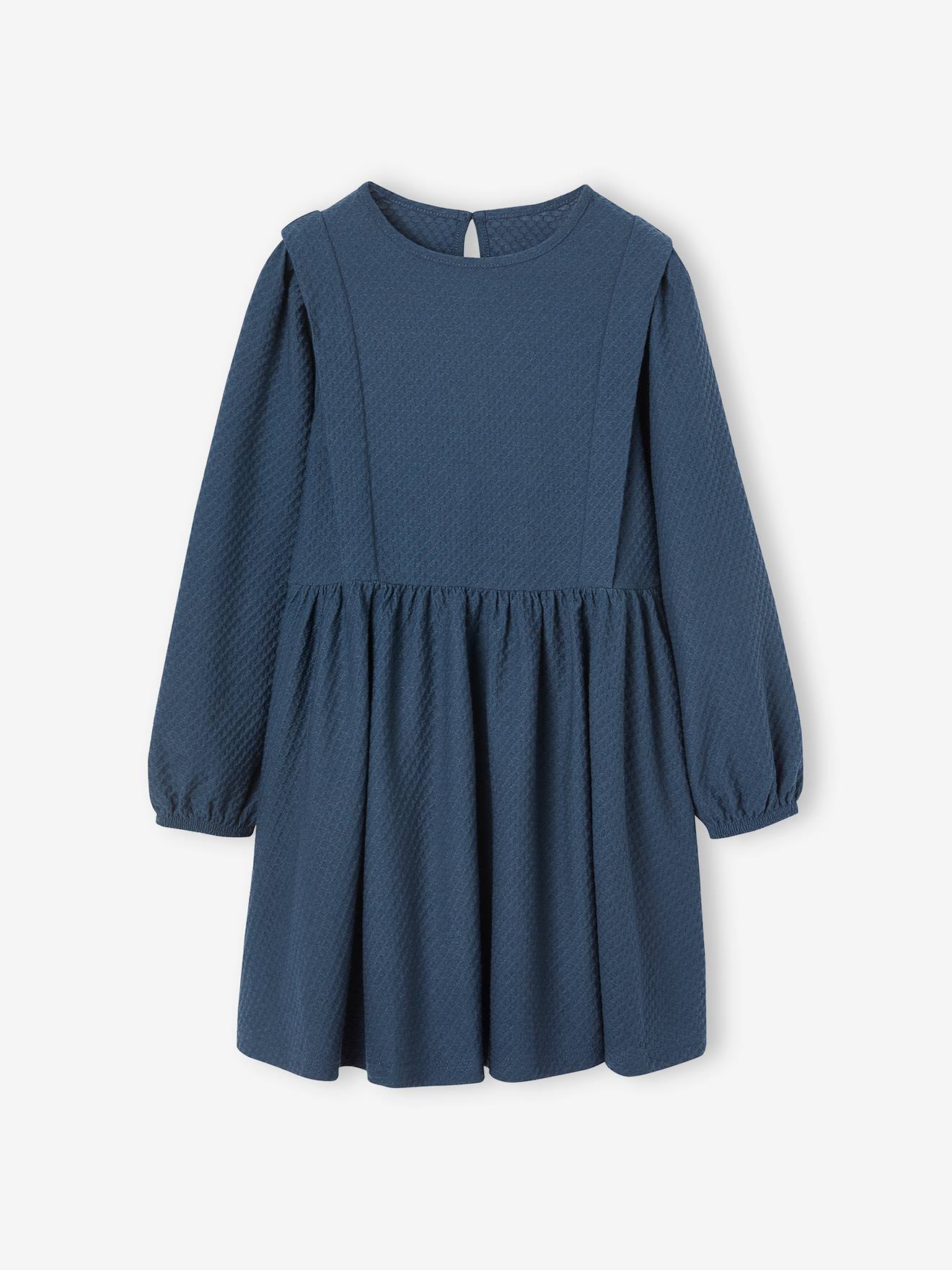 Vestido cor avelã com tecido texturizado e mangas compridas para meninas