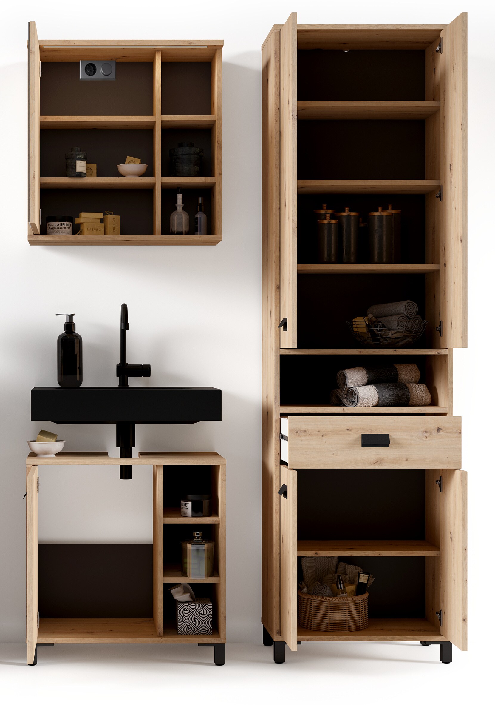 byLIVING Waschbeckenunterschrank WELLNESS, Breite 60 cm, Artisan Eiche/schwarz
