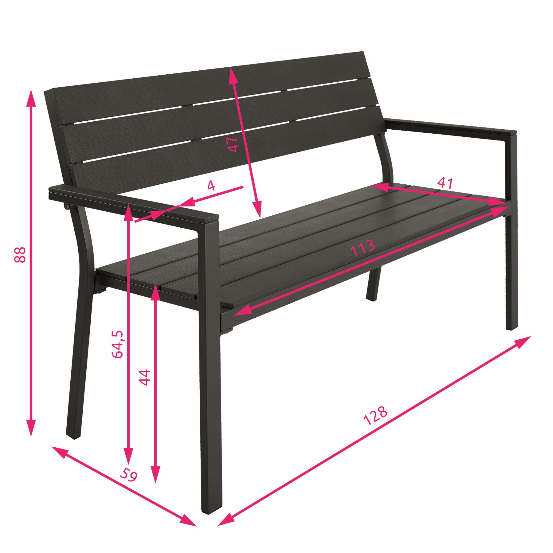 tectake® Gartenbank, 2-Sitzer, wetterfest, 128 x 59 x 88 cm