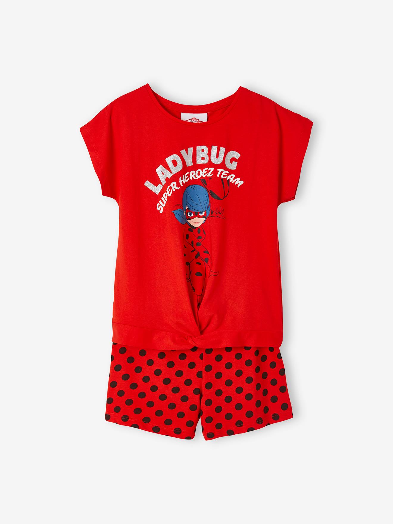 Conjunto de pijama Miraculous® com shorts em vermelho vivo liso com estampas.