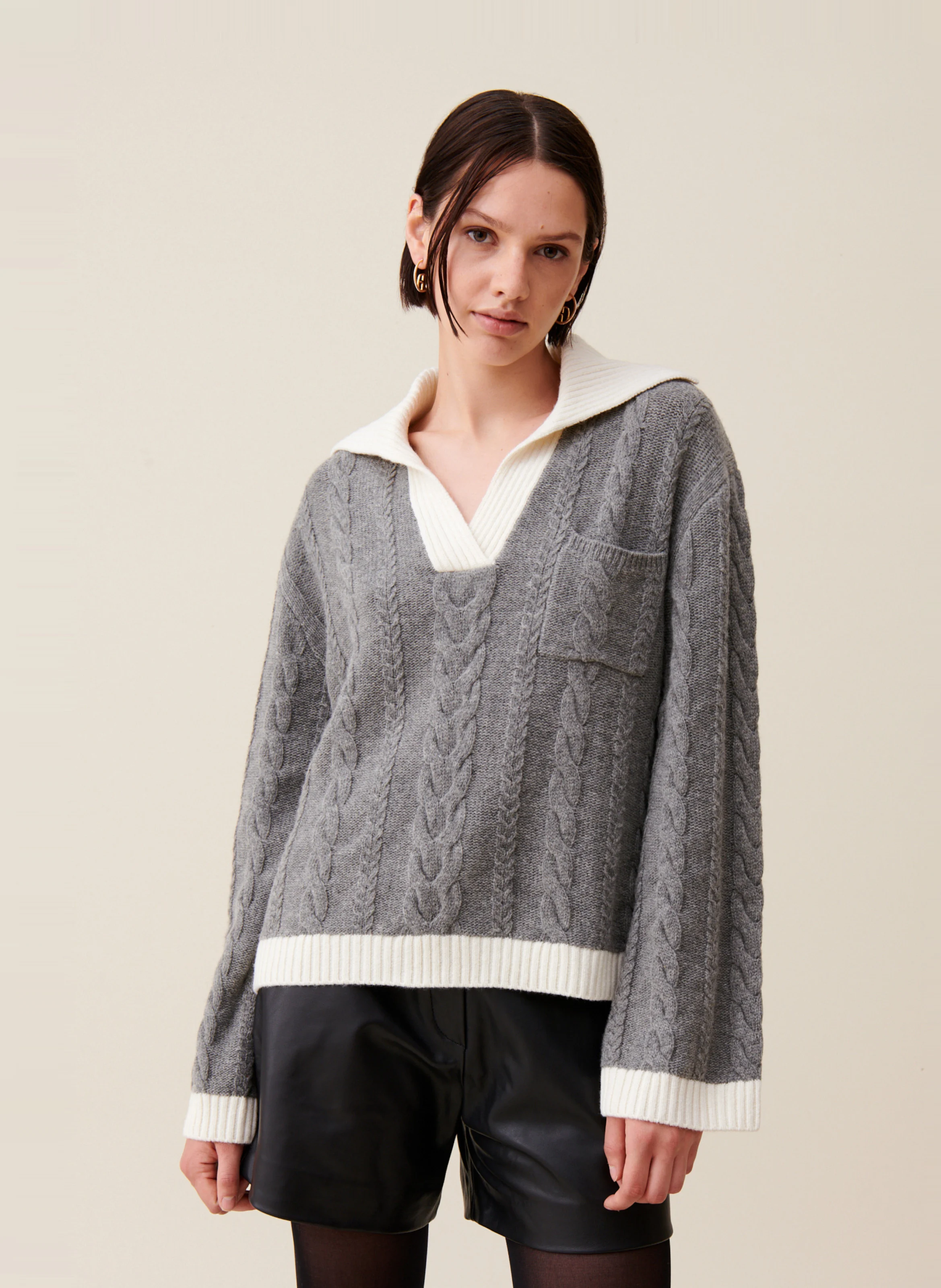 Pull torsadé col polo en laine mélangée | Gris