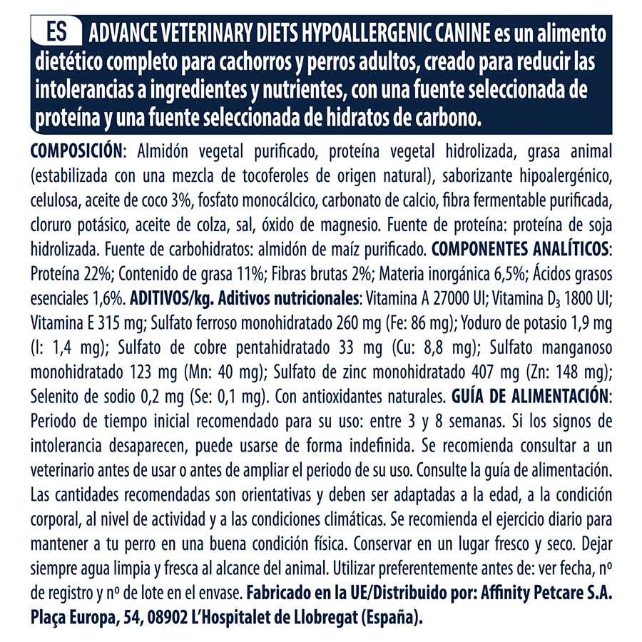 2,5 kg de ração hipoalergênica para cães da Advance Veterinary Diets