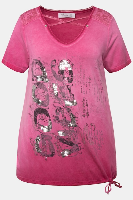 T-Shirt, V-Ausschnitt mit Zierbändern, Halbarm, Saum zum Binden