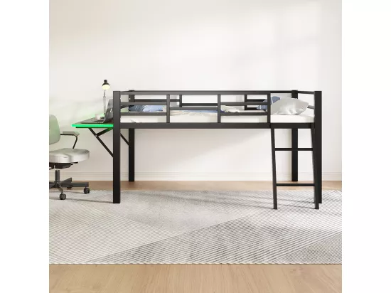 Lit plat en métal 90 x 200 cm, rails, échelle, bureau, télécommande Bande LED, noir