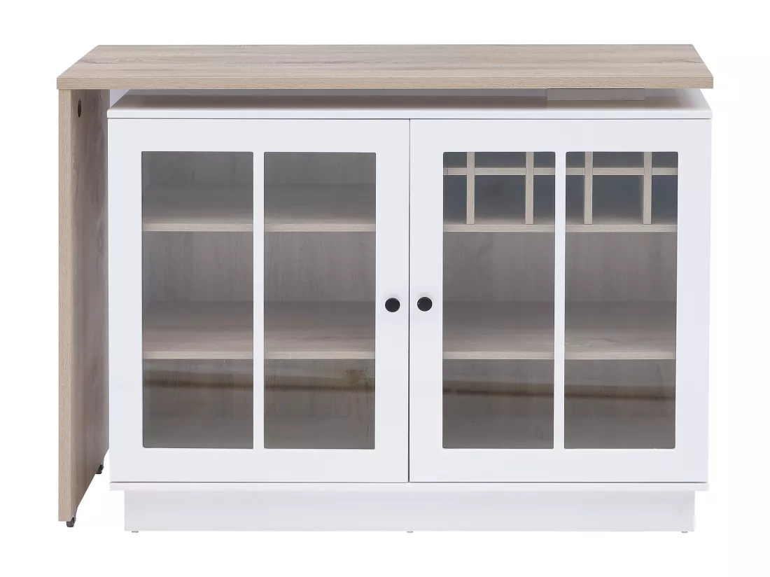 Meuble de bar pivotant avec rangements - Blanc et naturel - ARAMETA