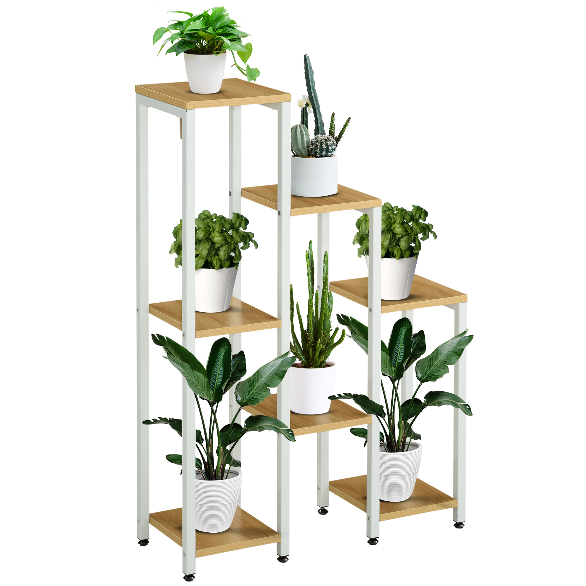 Suporte para plantas Outsunny, expositor de vasos de flores com 7 prateleiras e estrutura de aço para uso interno e externo, 65x23x94,5 cm, cores natural e branca.