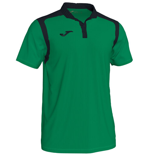 Camisa polo Joma Championship V de manga curta, verde e preta.